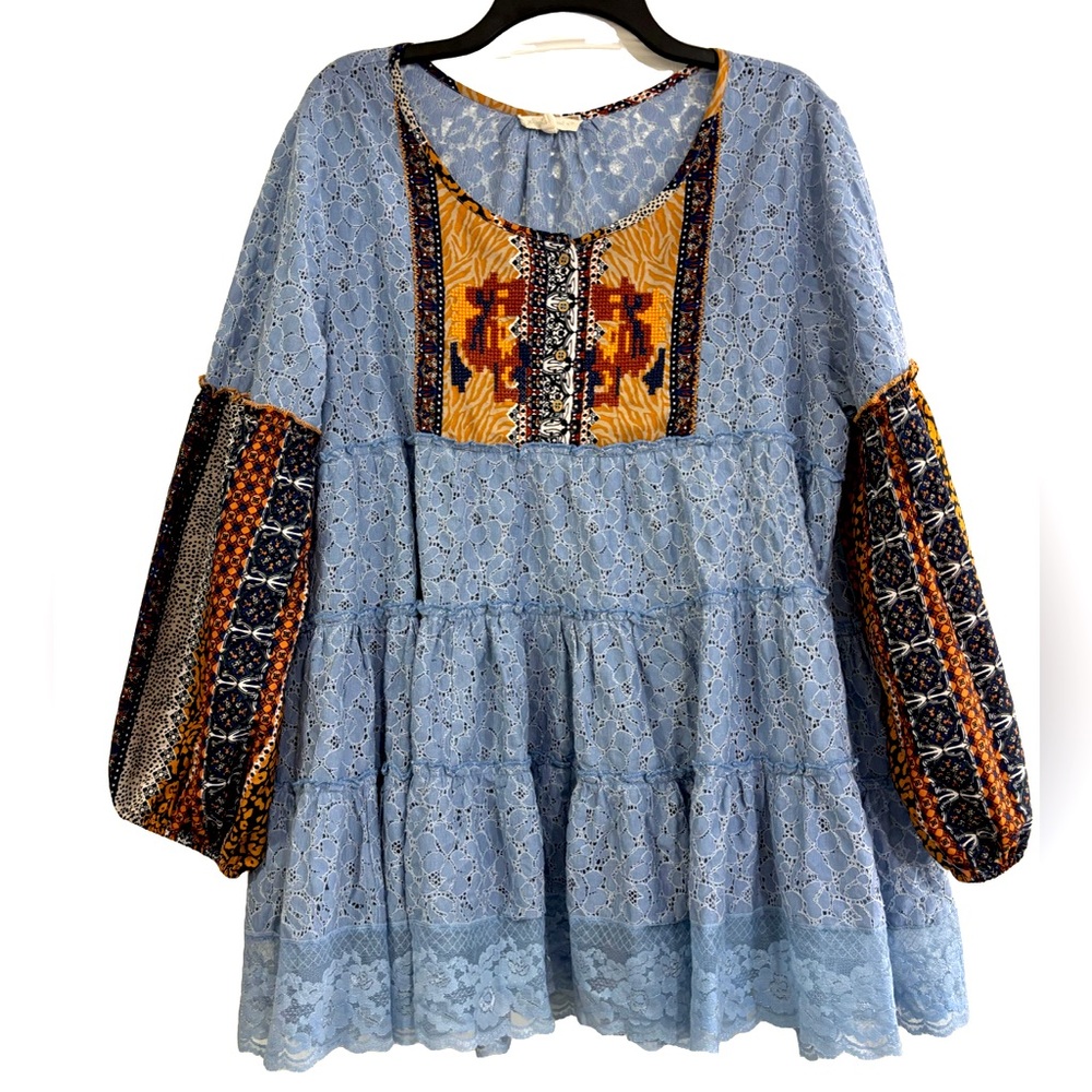 Bohemian Blue Lace Top with Patterned Sleeves and Embroidered Bib, XL
